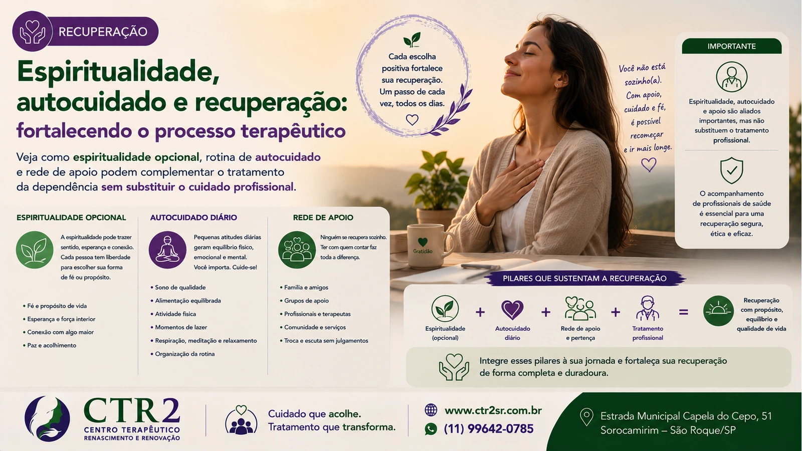 Caminho em paisagem verde iluminada, representando espiritualidade, paz e recuperação