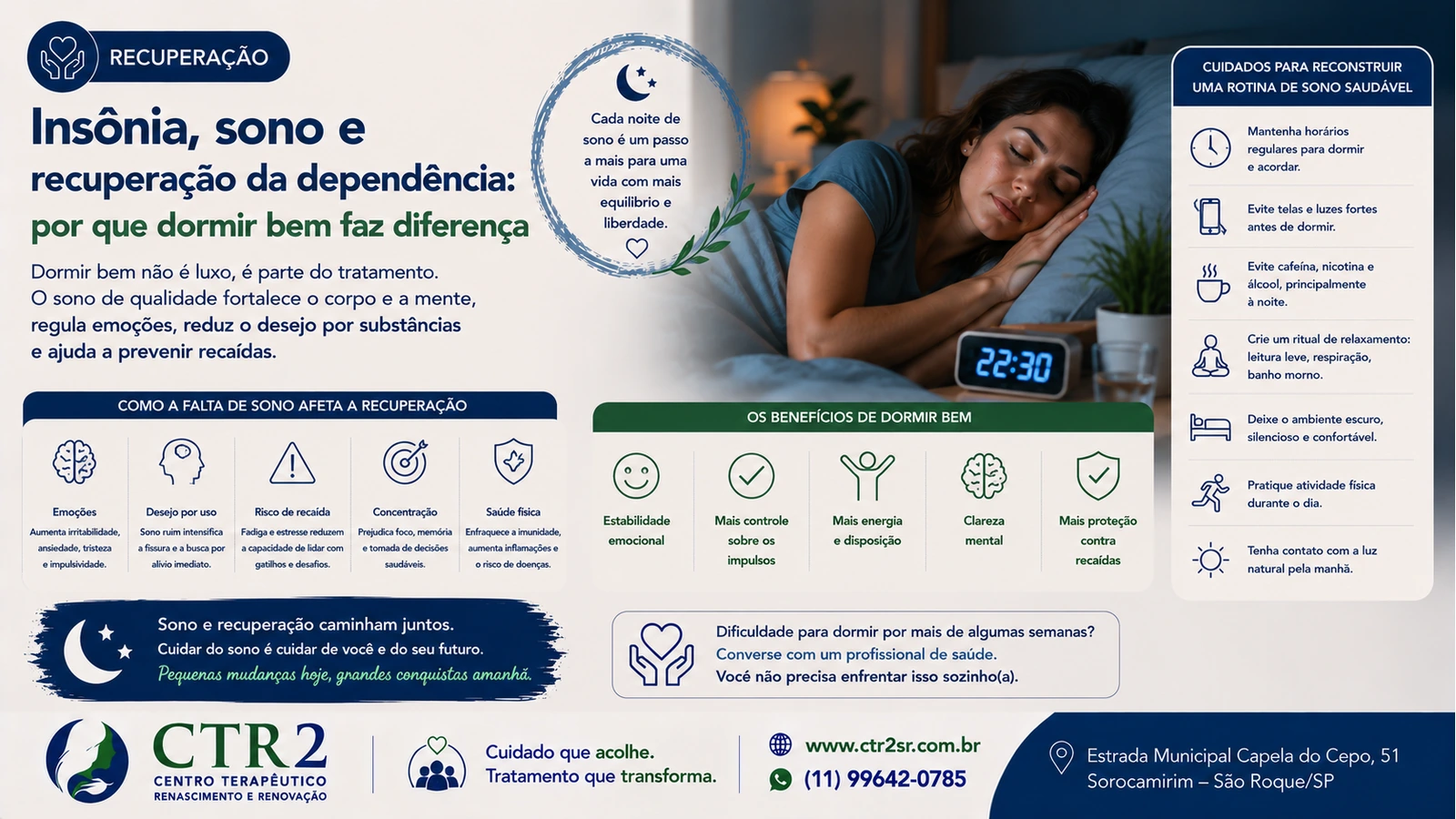 Quarto confortável e bem organizado, representando sono reparador durante a recuperação